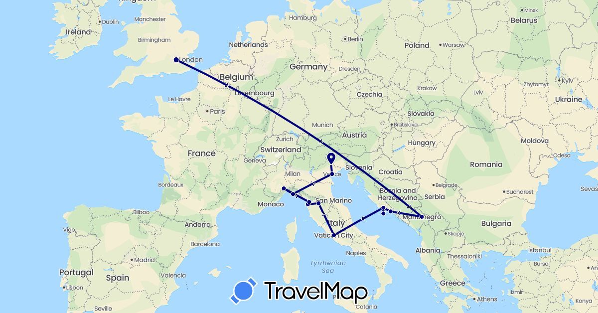 TravelMap itinerary: driving in United Kingdom, Croatia, Italy, Montenegro (Europe)